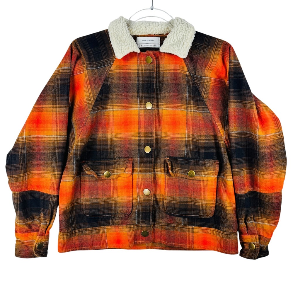 Urban Outfitters Plaid Jacket Sherpa Collar Button Front Orange‎ Black XS Grunge